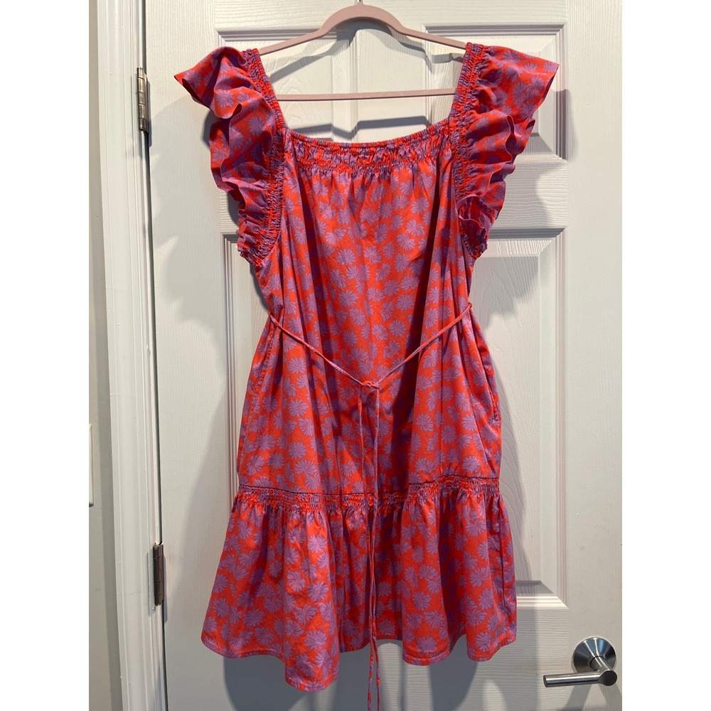 Gap Womens Large Red Purple Floral Mini Dress Ruffle Smocked Tiered Pockets L